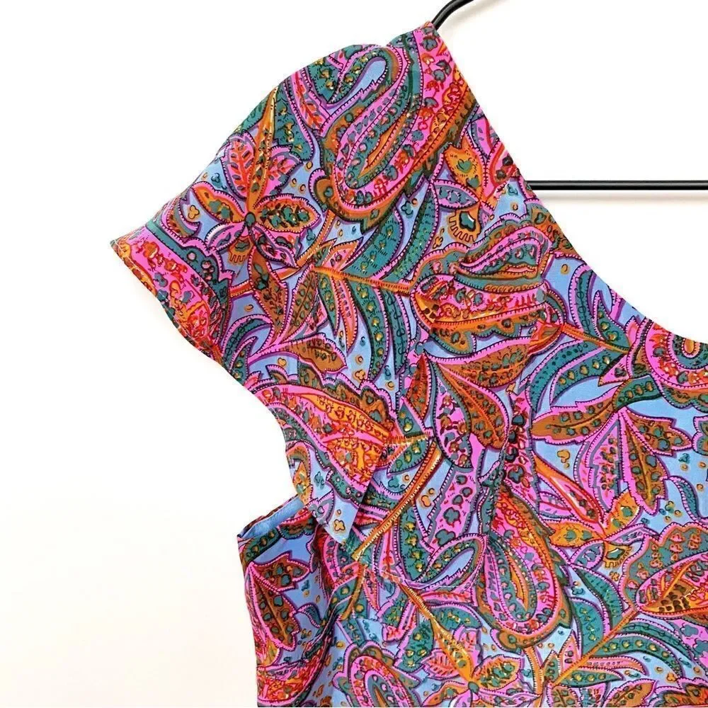 J. Crew Silk Paisley Print Mini Dress Short Sleeve Ruffles Pink Blue Green 8